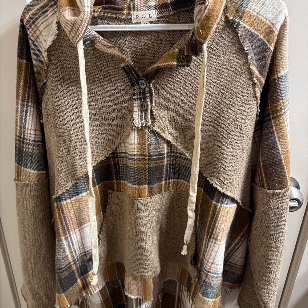 POL Plaid Hooded Jacket/Sweater in Brown and Cream